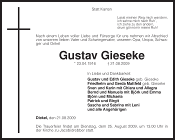 Traueranzeige von Gustav Gieseke von KREISZEITUNG SYKE