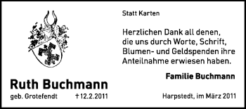 Traueranzeige von Ruth Buchmann von KREISZEITUNG SYKE