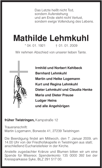 Traueranzeige von Mathilde Lehmkuhl von KREISZEITUNG SYKE