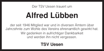 Traueranzeige von Alfred Lübben von KREISZEITUNG SYKE