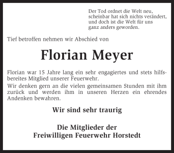 Traueranzeige von Florian Meyer von KREISZEITUNG SYKE