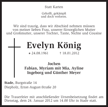 Traueranzeige von Evelyn König von KREISZEITUNG SYKE