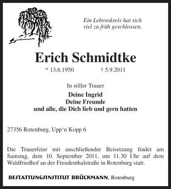 Traueranzeige von Erich Schmidtke von KREISZEITUNG SYKE