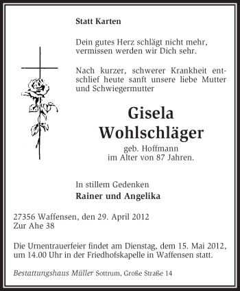 Traueranzeige von Gisela Wohlschläger von KREISZEITUNG SYKE