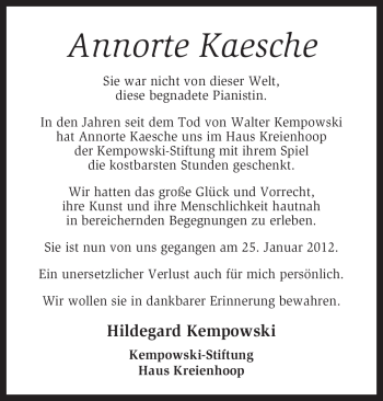 Traueranzeige von Annorte Kaesche von KREISZEITUNG SYKE