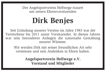 Traueranzeige von Dirk Benjes von KREISZEITUNG SYKE