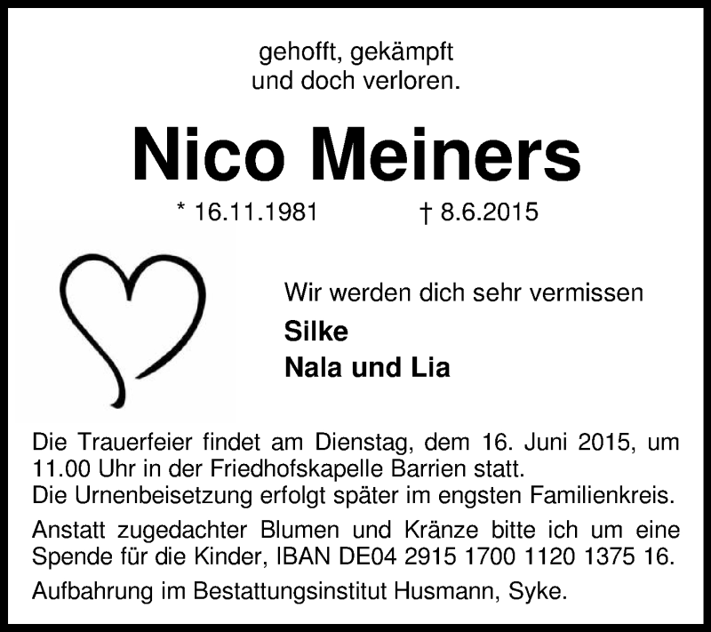  Traueranzeige für Nico Meiners vom 11.06.2015 aus KRZ