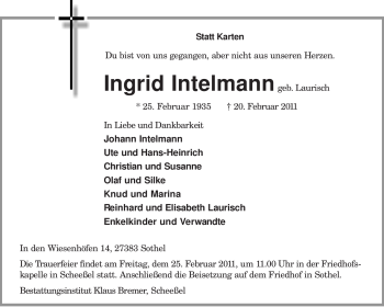 Traueranzeige von Ingrid Intelmann von KREISZEITUNG SYKE