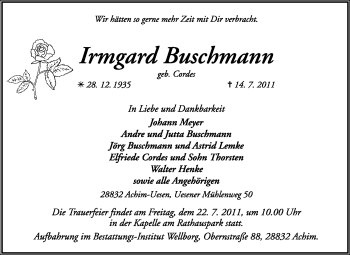 Traueranzeige von Irmgard Buschmann von KREISZEITUNG SYKE