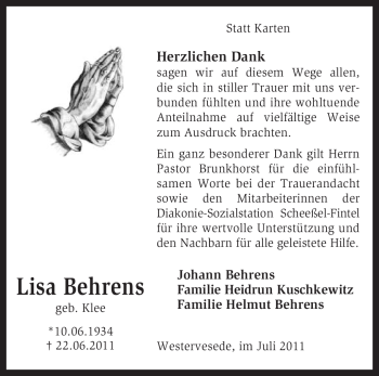 Traueranzeige von Lisa Behrens von KREISZEITUNG SYKE