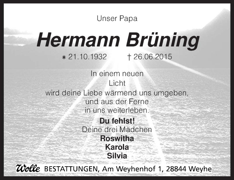  Traueranzeige für Hermann Brüning vom 30.06.2015 aus KRZ