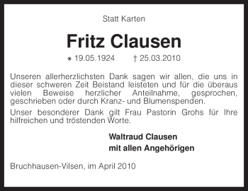 Traueranzeige von Fritz Clausen von KREISZEITUNG SYKE