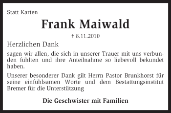 Traueranzeige von Frank Maiwald von KREISZEITUNG SYKE