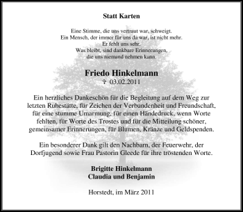 Traueranzeige von Friedo Hinkelmann von KREISZEITUNG SYKE