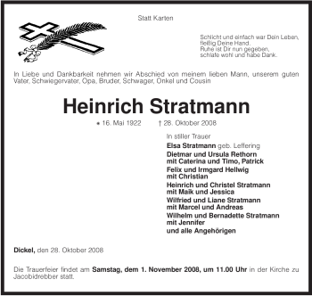 Traueranzeige von Heinrich Stratmann von KREISZEITUNG SYKE