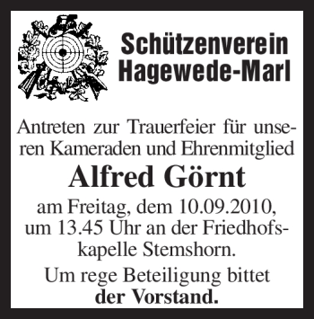 Traueranzeige von Alfred Görnt von KREISZEITUNG SYKE