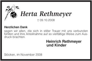 Traueranzeige von Herta Rethmeyer von KREISZEITUNG SYKE