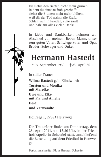 Traueranzeige von Hermann Hastedt von KREISZEITUNG SYKE