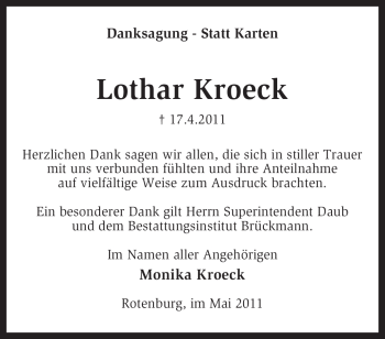 Traueranzeige von Lothar Kroeck von KREISZEITUNG SYKE