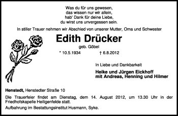 Traueranzeige von Edith Drücker von KREISZEITUNG SYKE