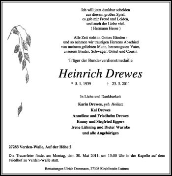 Traueranzeige von Heinrich Drewes von KREISZEITUNG SYKE