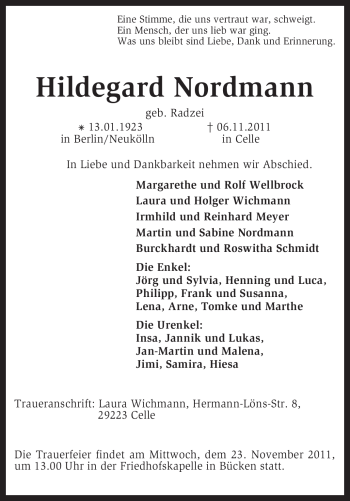 Traueranzeige von Hildegard Nordmann von KREISZEITUNG SYKE