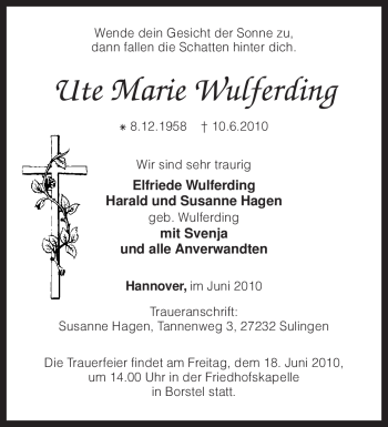 Traueranzeige von Ute Marie Wulferding von KREISZEITUNG SYKE