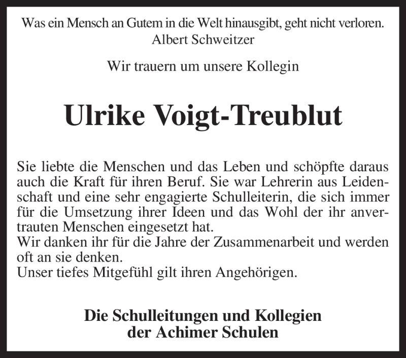  Traueranzeige für Ulrike Voigt-Treublut vom 11.12.2009 aus KREISZEITUNG SYKE