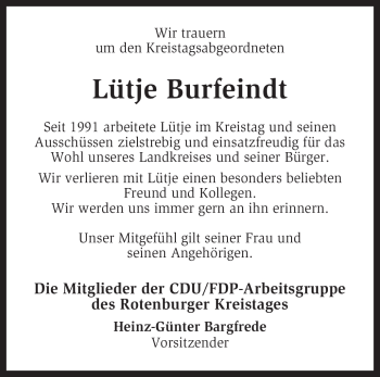 Traueranzeige von Lütje Burfeindt von KREISZEITUNG SYKE