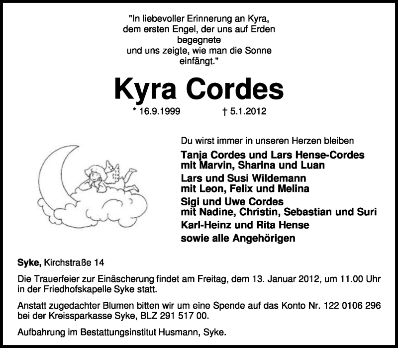  Traueranzeige für Kyra Cordes vom 10.01.2012 aus KREISZEITUNG SYKE