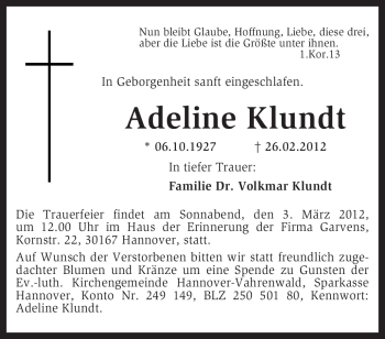 Traueranzeige von Adeline Klundt von KREISZEITUNG SYKE