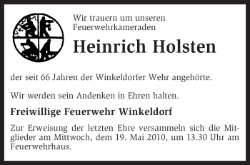 Traueranzeige von Heinrich Holsten von KREISZEITUNG SYKE