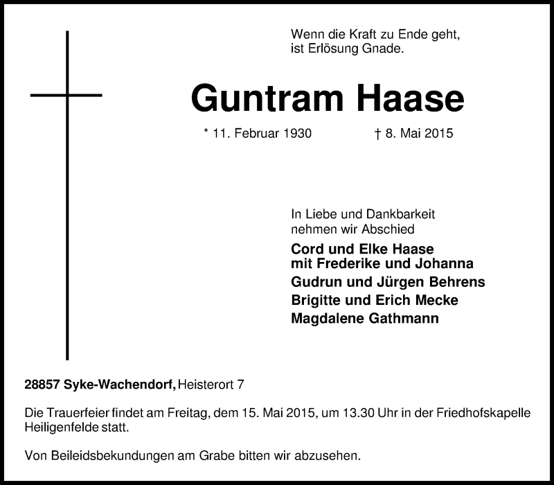  Traueranzeige für Guntram Haase vom 11.05.2015 aus KRZ
