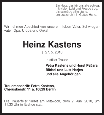 Traueranzeige von Heinz Kastens von KREISZEITUNG SYKE