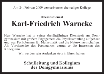 Traueranzeige von Karl-Friedrich Warneke von KREISZEITUNG SYKE
