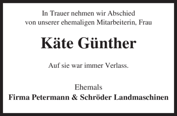 Traueranzeige von Käte Günther von KREISZEITUNG SYKE