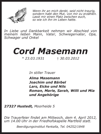 Traueranzeige von Cord Masemann von KREISZEITUNG SYKE