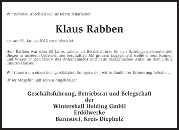 Traueranzeige von Klaus Rabben von KREISZEITUNG SYKE