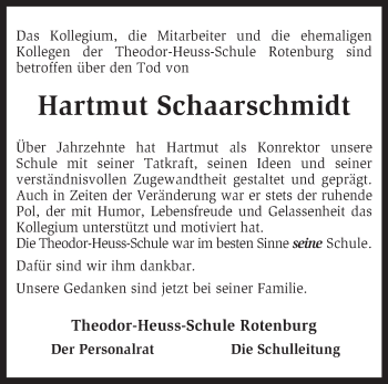 Traueranzeige von Hartmut Schaarschmidt von KRZ
