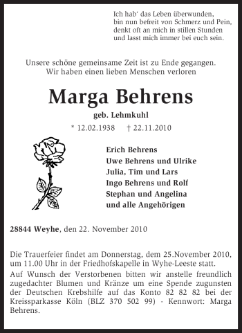 Traueranzeige von Marga Behrens von KREISZEITUNG SYKE