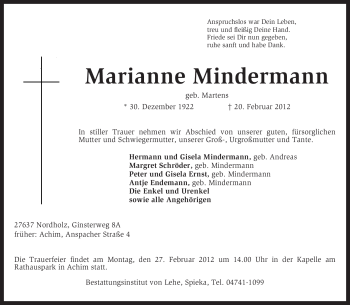 Traueranzeige von Marianne Mindermann von KREISZEITUNG SYKE