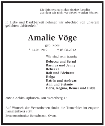 Traueranzeige von Amalie Vöge von KREISZEITUNG SYKE