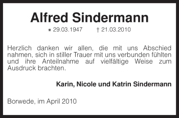 Traueranzeige von Alfred Sindermann von KREISZEITUNG SYKE