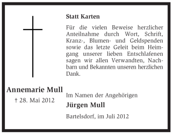 Traueranzeige von Annemarie Mull von KREISZEITUNG SYKE