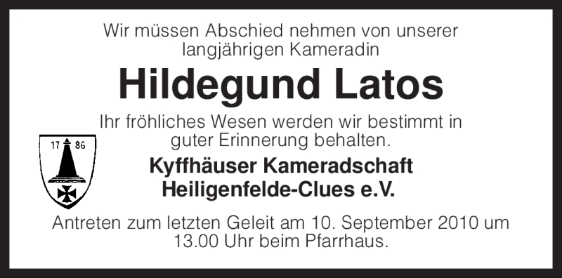  Traueranzeige für Hildegund Latos vom 08.09.2010 aus KREISZEITUNG SYKE