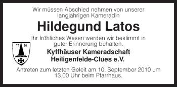 Traueranzeige von Hildegund Latos von KREISZEITUNG SYKE