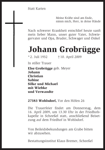 Traueranzeige von Johann Grobrügge von KREISZEITUNG SYKE