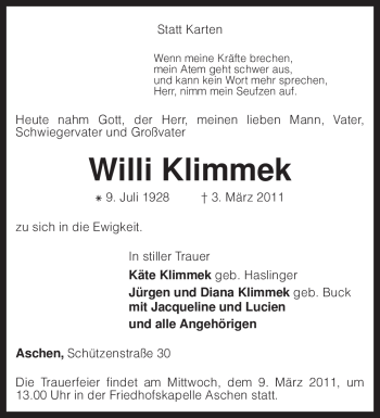 Traueranzeige von Willi Klimmek von KREISZEITUNG SYKE