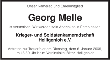 Traueranzeige von Georg Melle von KREISZEITUNG SYKE