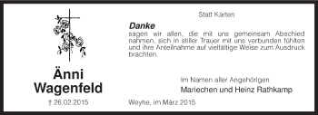 Traueranzeige von Änni Wagenfeld von KRZ